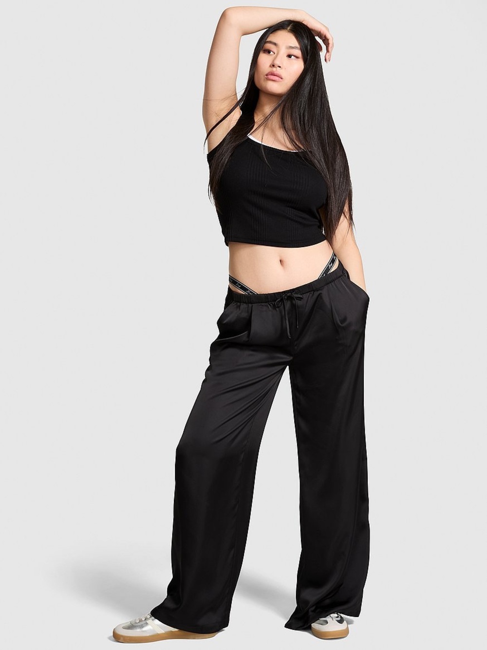 PINK Victoria's Secret Black Wide-Leg Satin Drawstring Pants Size Large